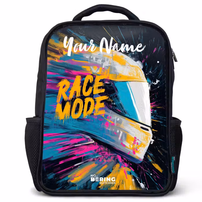 Kids backpack with name - Black - Racing helmet - Abstract - Paint - Colorful