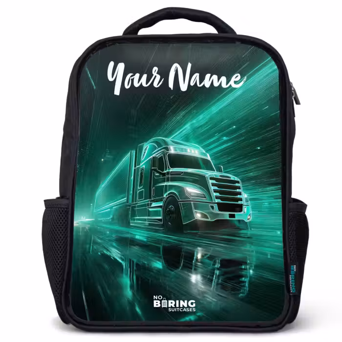 Kids backpack with name - Black - Truck - City - Green - Neon