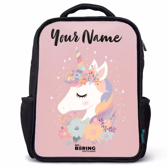Kids backpack with name - Black - Unicorn - Pink - Flowers