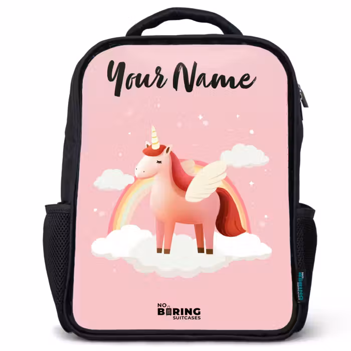 Kids backpack with name - Black - Unicorn - Wings - Pink - Rainbow