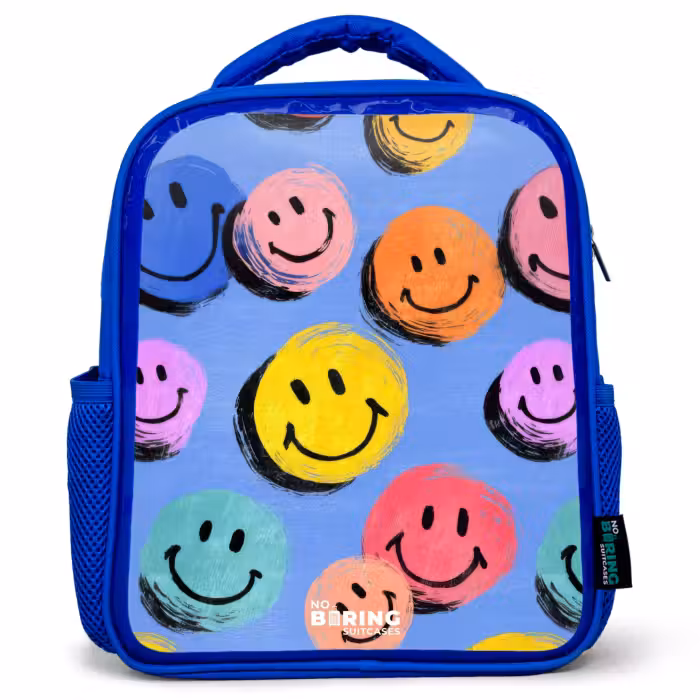 Kids backpack - Blue - A playful and artistic pattern of colorful smileys