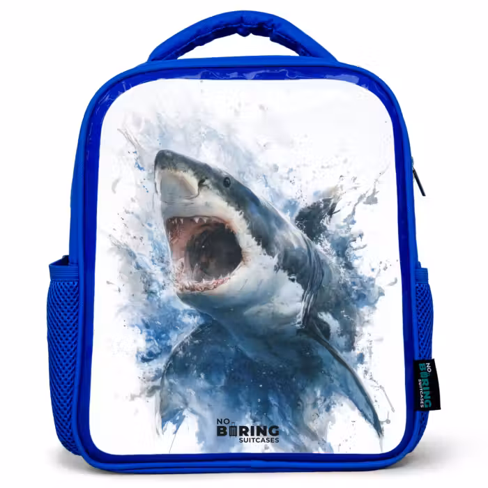 Kids backpack - Blue - Attacking shark in watercolor