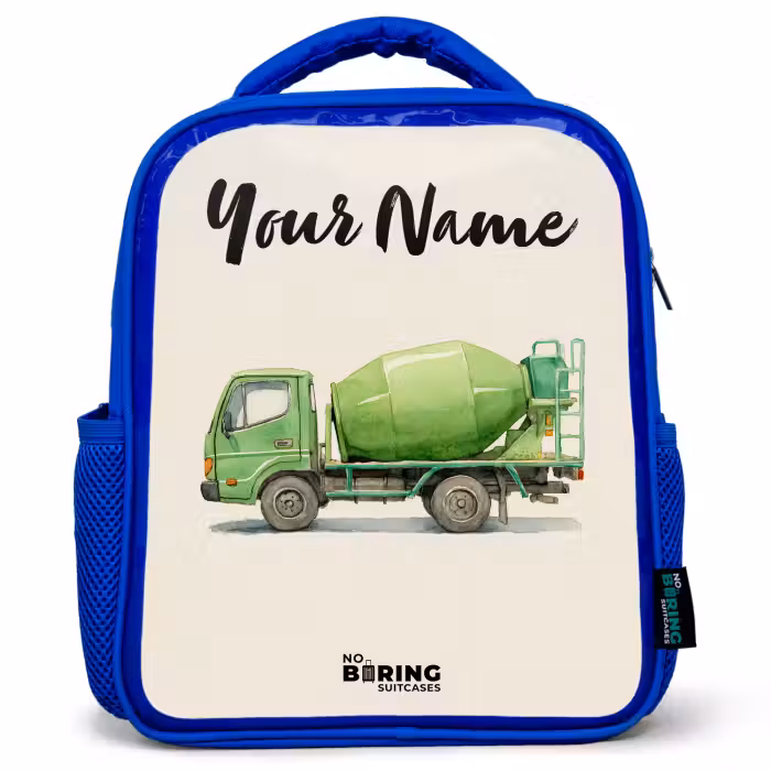 Kids backpack with name - Blue - Concrete mixer - Signed - Green