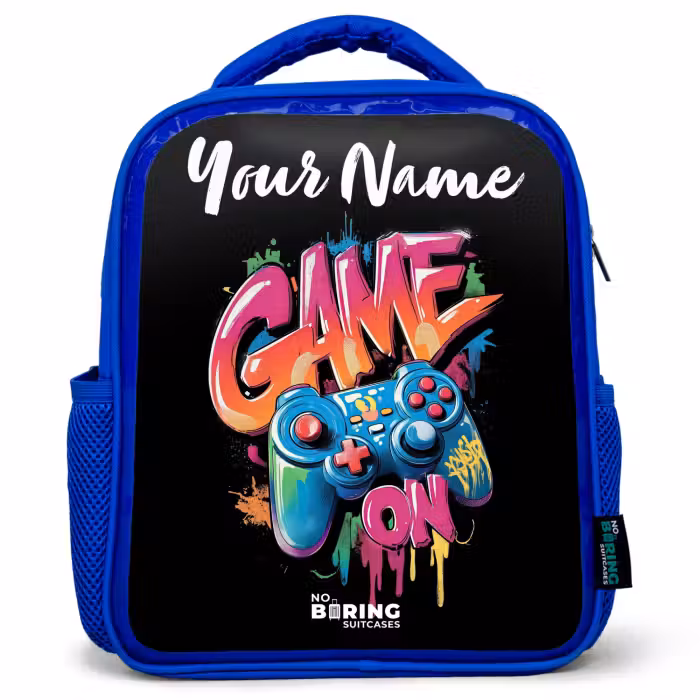Kids backpack with name - Blue - Controller - Game - Graffiti - Text