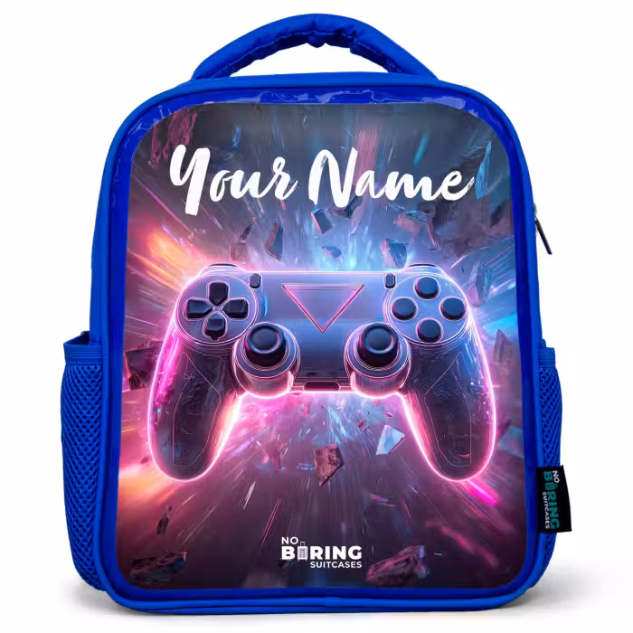 Kids backpack with name - Blue - Controller - Neon - Game