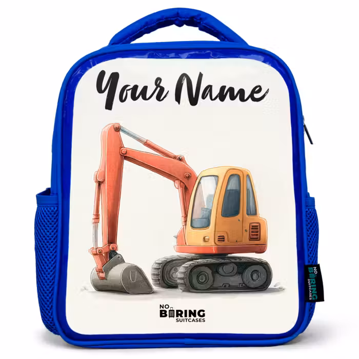 Kids backpack with name - Blue - Excavator - Signed - Orange