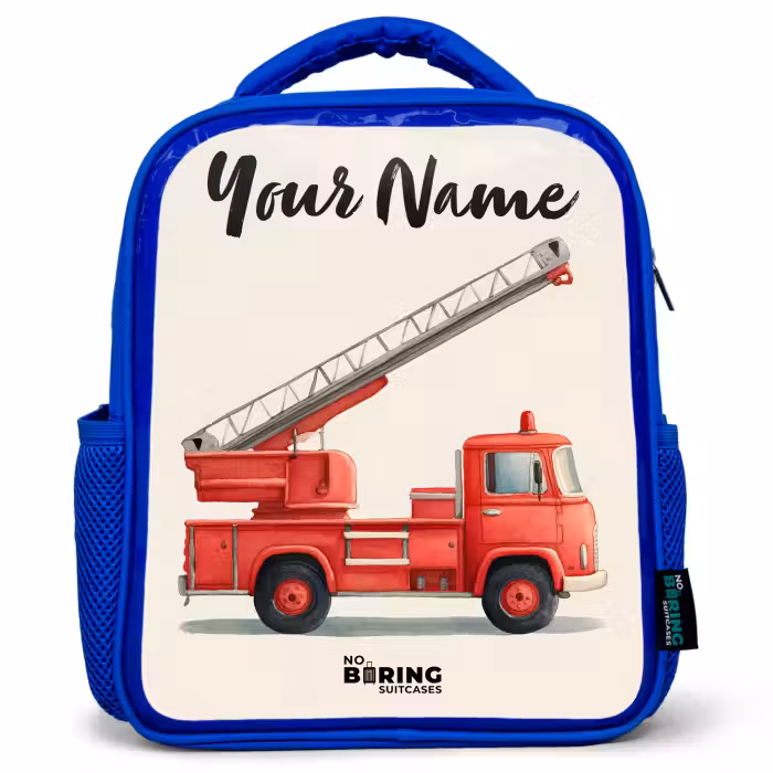 Kids backpack with name - Blue - Fire truck - Signed - Red