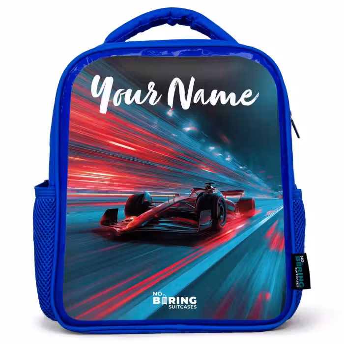 Kids backpack with name - Blue - Formula 1 - Race car - Red - Neon lights