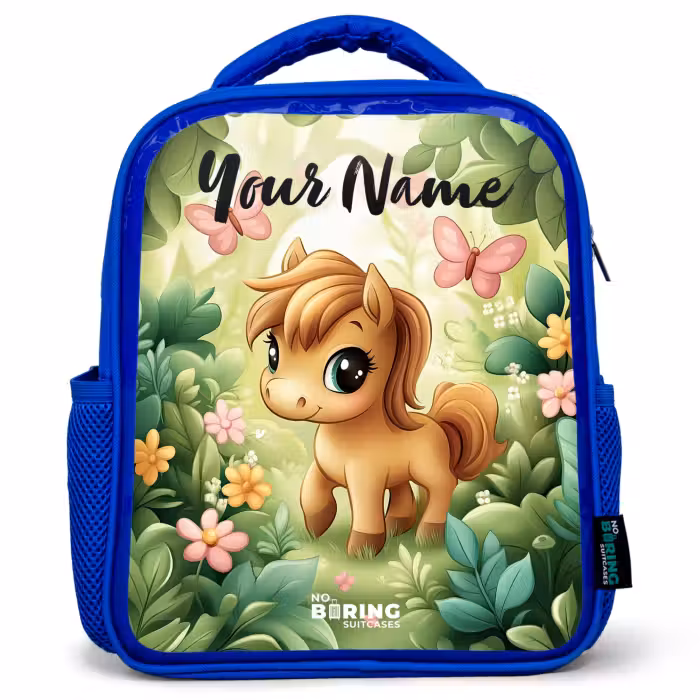 Kids backpack with name - Blue - Horse - Flowers - Butterflies