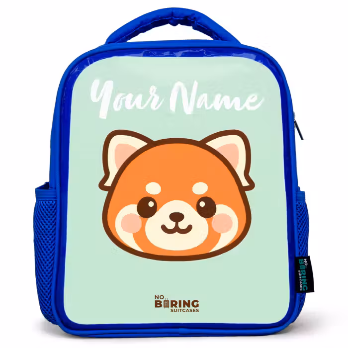 Kids backpack with name - Blue - Kawai - Red panda - Green