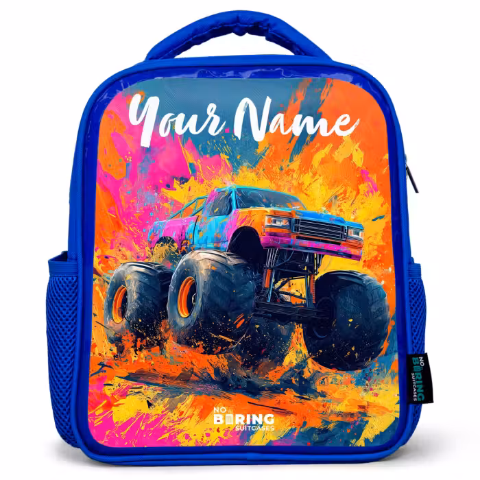 Kids backpack with name - Blue - Monster truck - Abstract - Paint splatters - Colorful