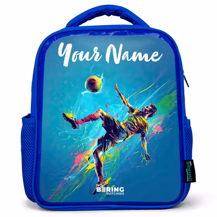 Kids backpack with name - Blue - Neon - Football - Kick - Colorful