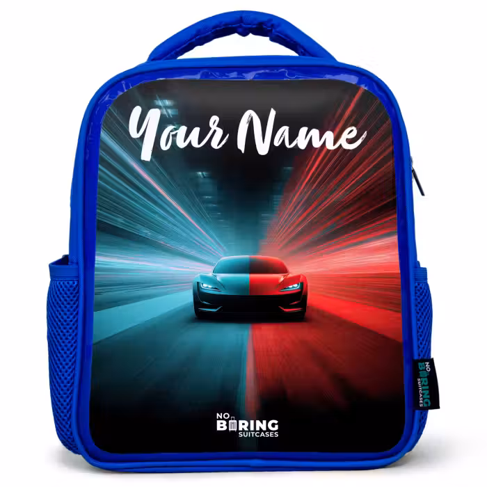 Kids backpack with name - Blue - Sports car - Blue - Neon - City