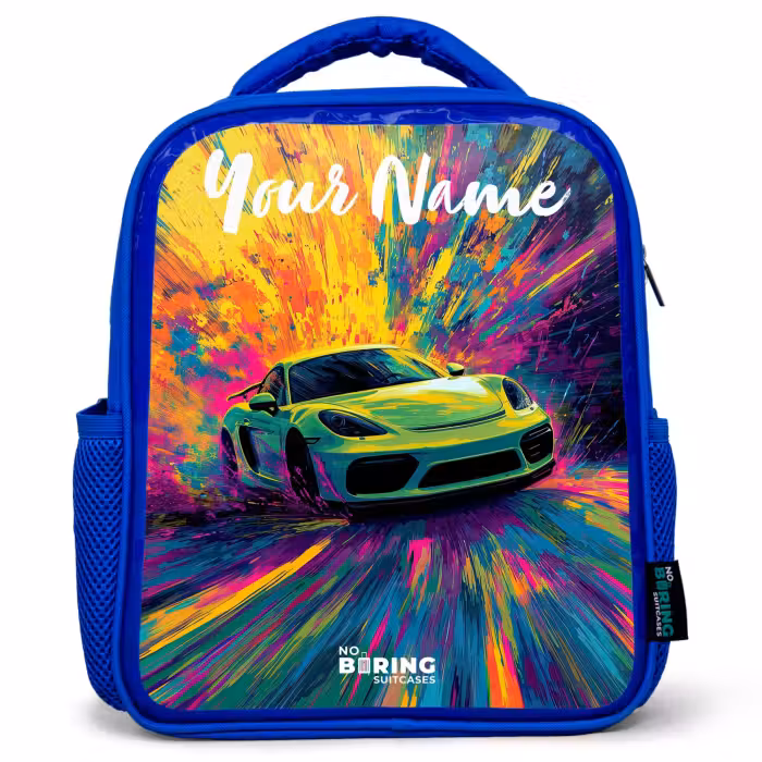 Kids backpack with name - Blue - Sports car - Green - Paint stripes - Colors