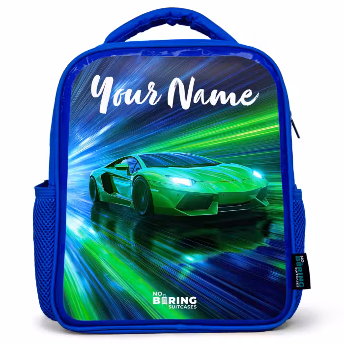 Kids backpack with name - Blue - Sports car - Green - Speed Lines - Neon