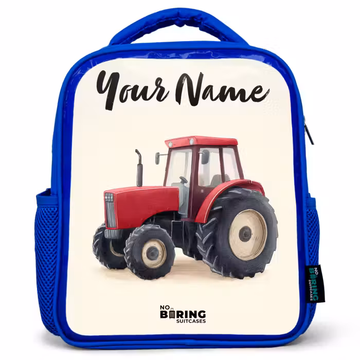 Kids backpack with name - Blue - Tractor - Signed - Red