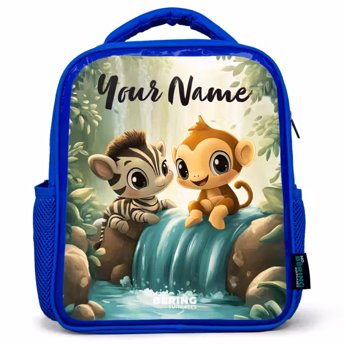 Kids backpack with name - Blue - Zebra - Monkey - Waterfall - Rocks