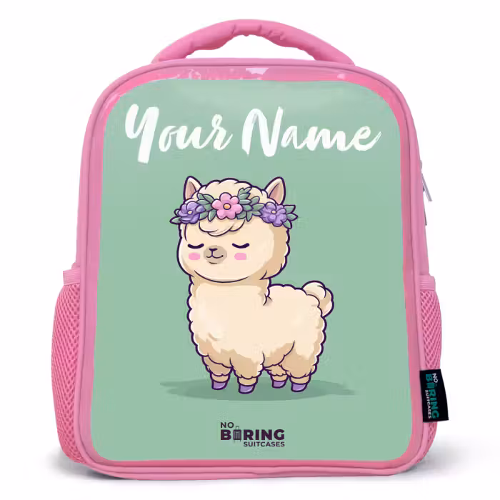 Kids backpack with name - Pink - Kawai - Alpaca - Green