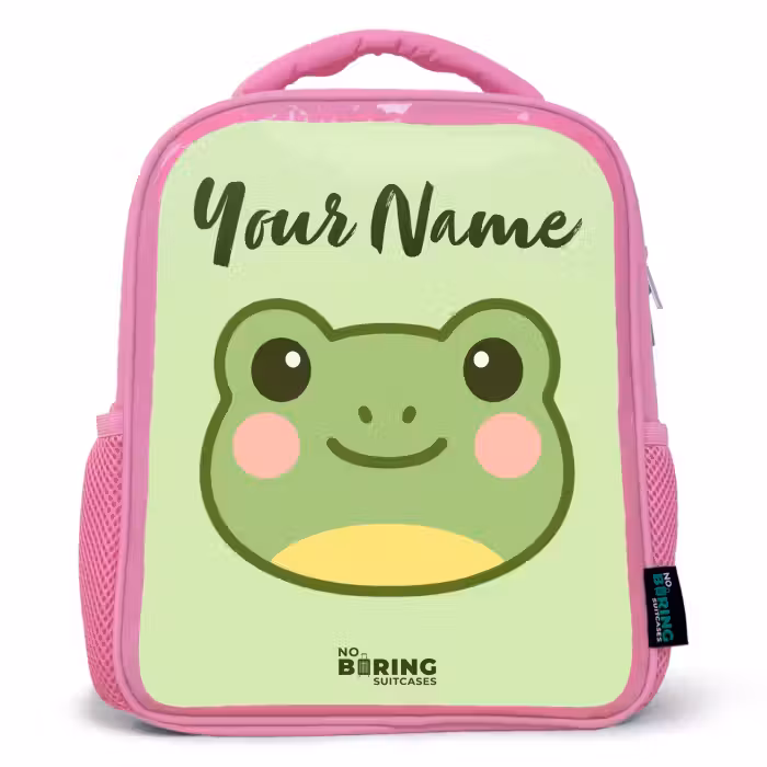 Kids backpack with name - Pink - Kawai - Frog - Green