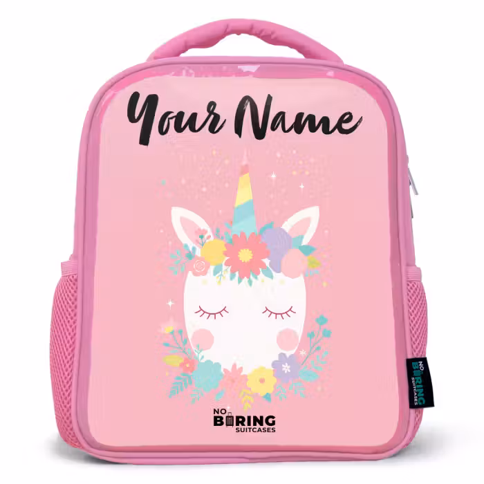 Kids backpack with name - Pink - Unicorn - Flowers - Pink