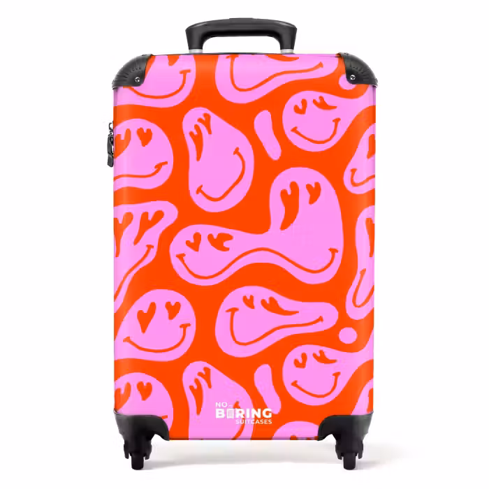 Suitcase - Abstract smiley face figures with heart eyes on red and pink