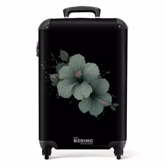 Suitcase - Black background with green hibiscus flower