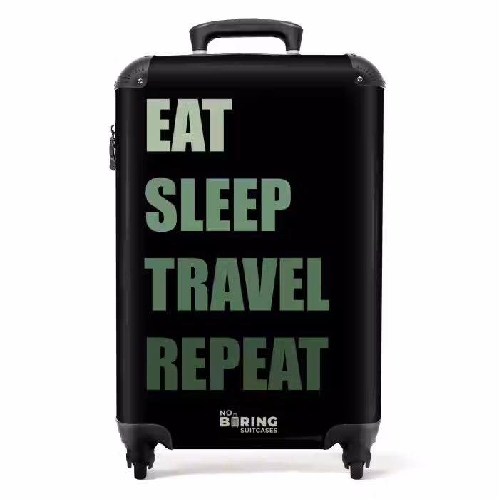 Suitcase - Black background with green text Eat Sleep Travel Repeat