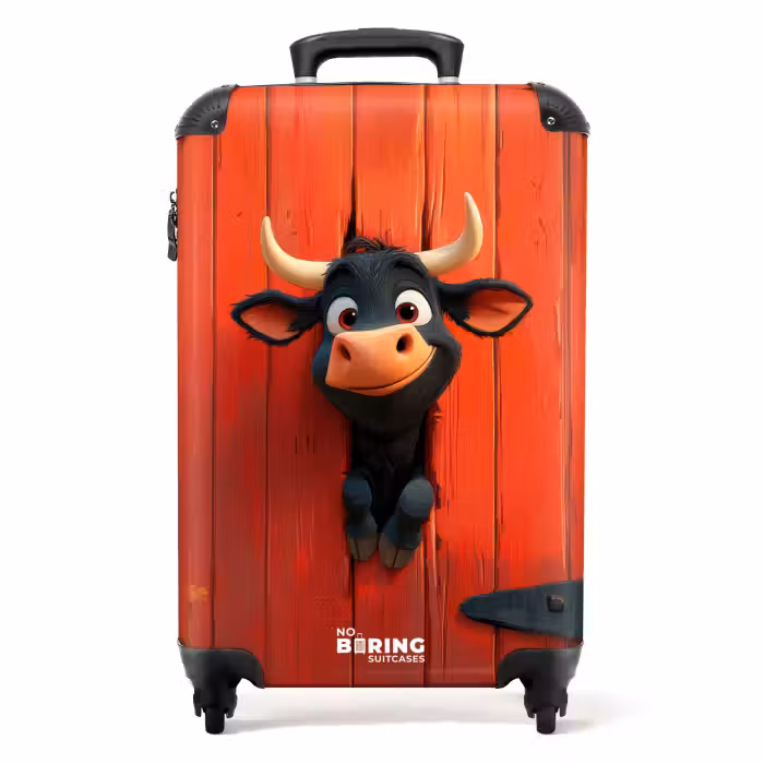 Suitcase - Black bull pokes head through red barn door