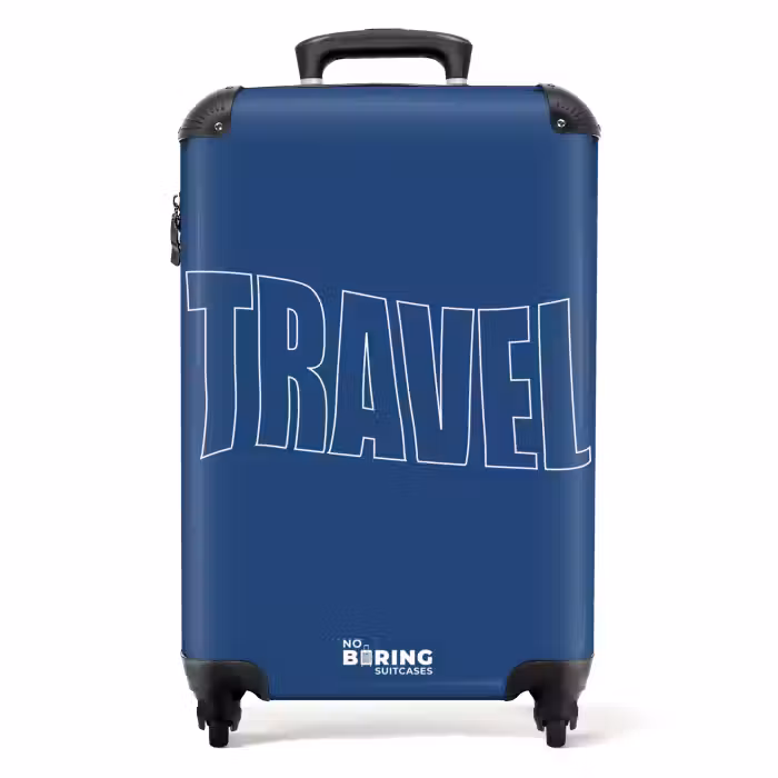 Suitcase - Blue background with large outline text Travel