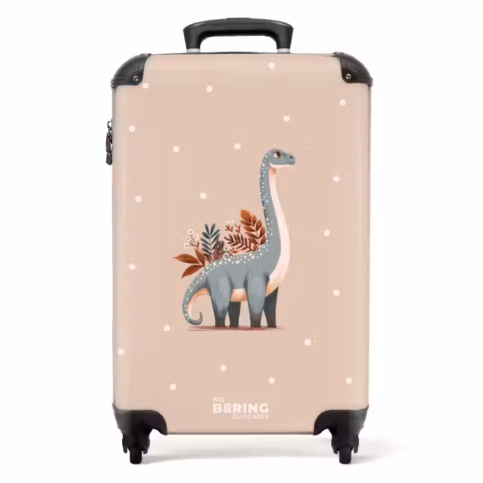 Suitcase - Blue dinosaur on a beige polka dot background