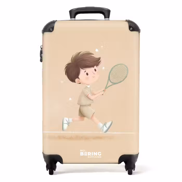 Suitcase - Boy plays tennis on sand-colored background