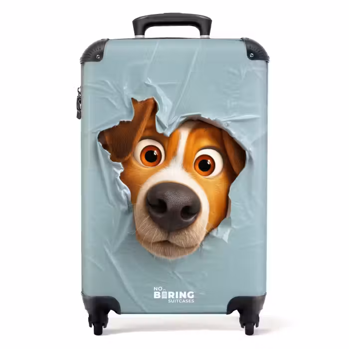 Suitcase - Brown dog through torn blue plastic