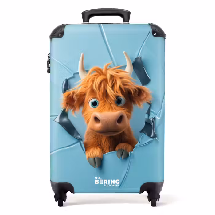 Suitcase - Cartoon-like cow breaks through wall