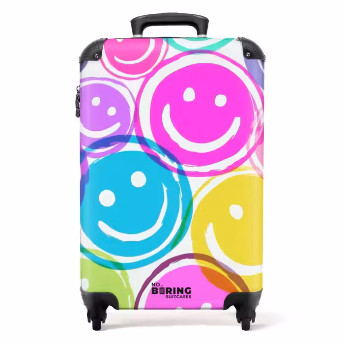 Suitcase - Colored smiley faces on a white background