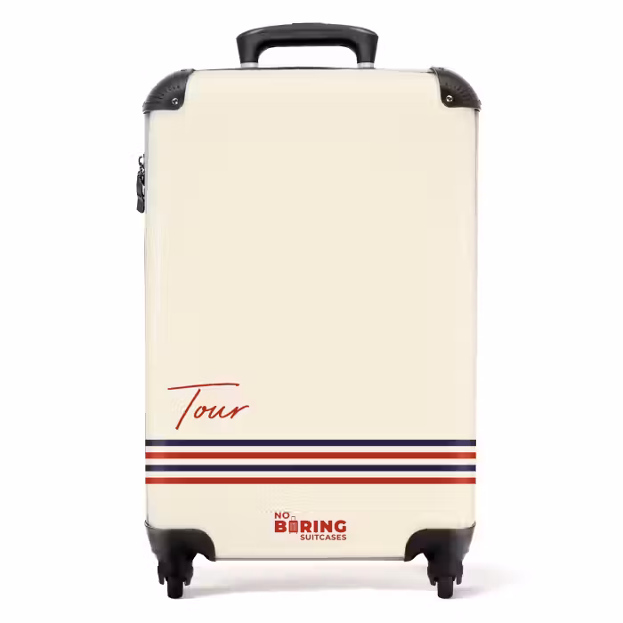 Suitcase - Cream background with red text and tri-color stripe at bottom