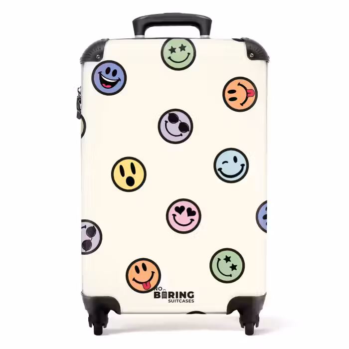 Suitcase - Different smiley faces on a beige background