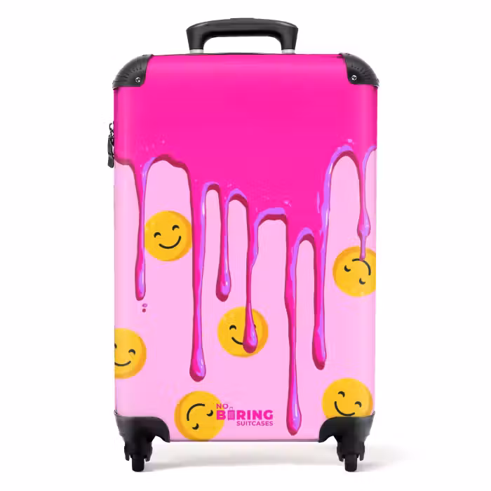 Suitcase - Dripping pink paint over smiley faces