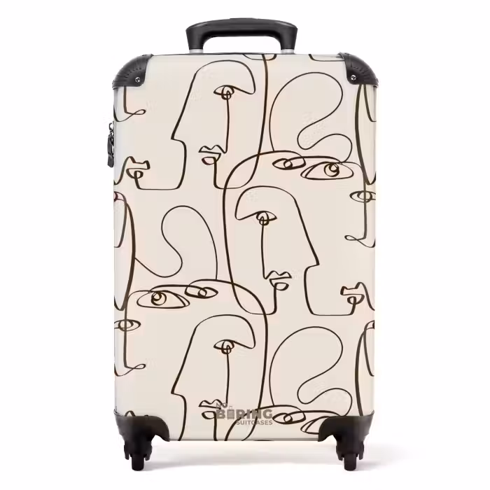 Suitcase - Faces in brown line on beige background