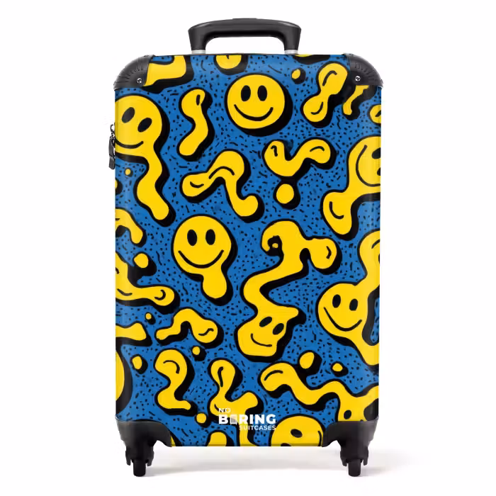 Suitcase - Flowing smiley faces on a blue background