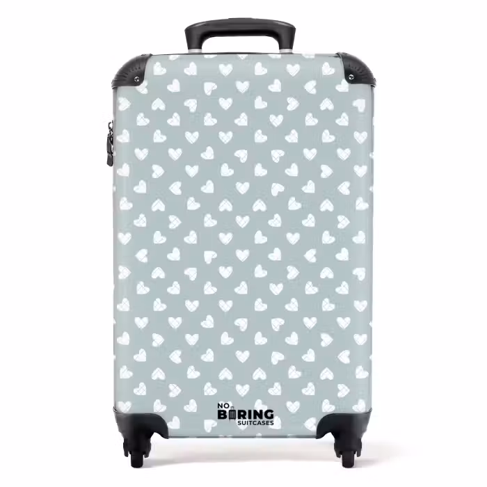 Suitcase - Gray-green background with white hearts