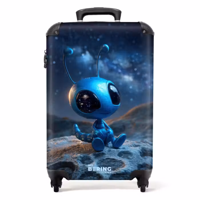 Suitcase - Little blue alien looking at the galaxy