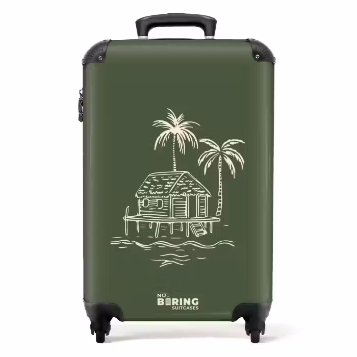 Suitcase - Palm trees - Island on olive green background