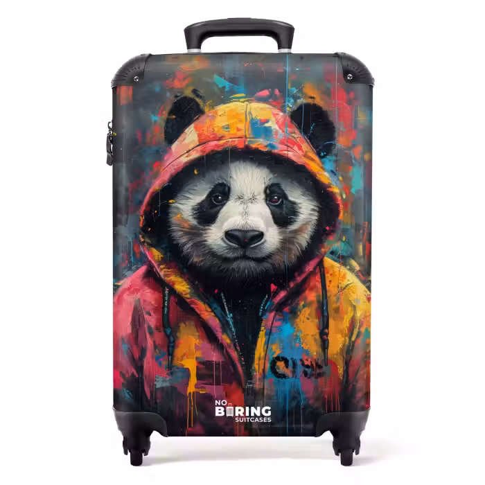 Suitcase - Panda with colorful coat and paint splatter