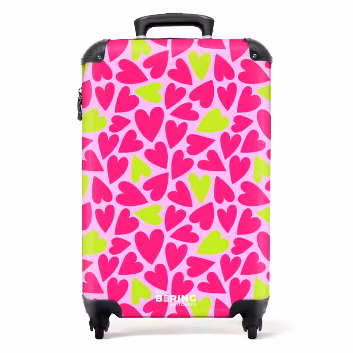 Suitcase - Pink and lime green hearts on light pink background
