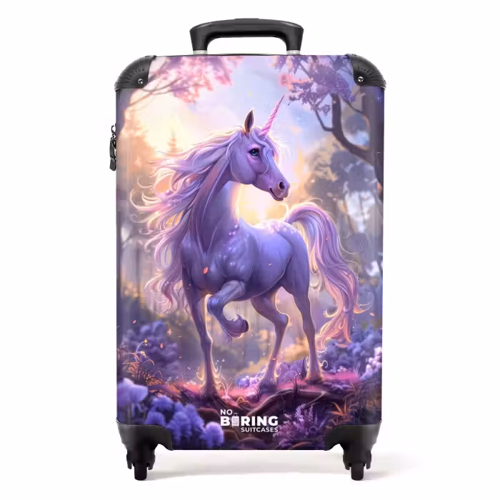Suitcase - Portrait of a Unicorn among Purple Flowers