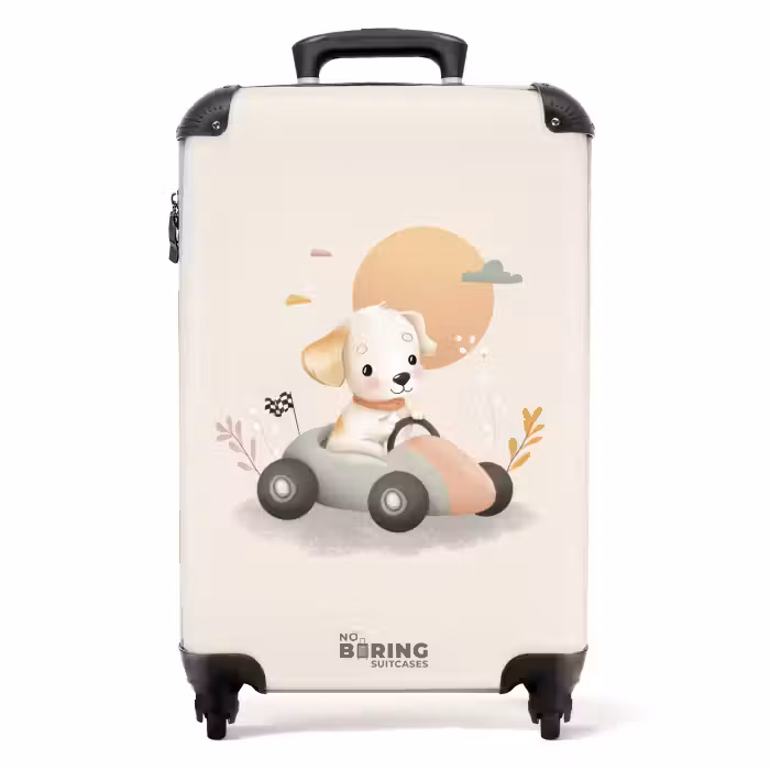 Suitcase - Puppy in a race car in beige colors