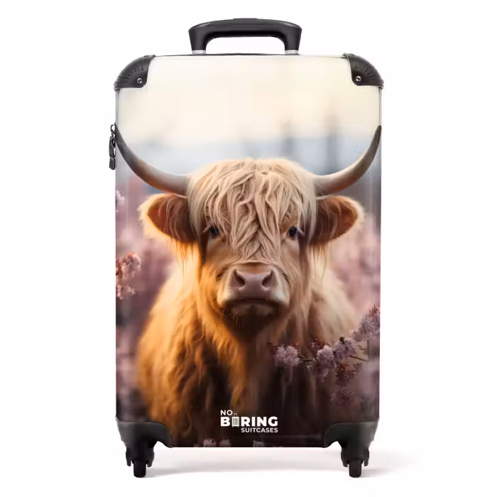 Suitcase - Scottish highlander with pink flowers