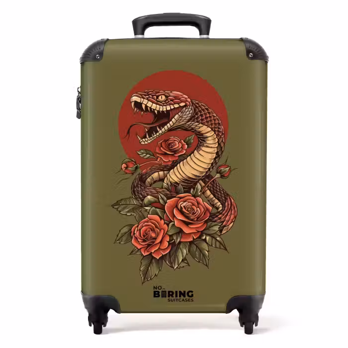 Suitcase - Tattoo style- Realistic snake on green background