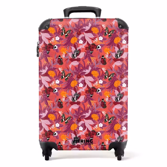 Suitcase - Tropical butterfly pattern dark pink