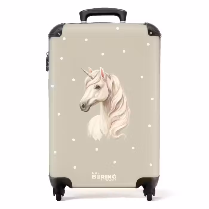 Suitcase - Unicorn surrounded by polka dots in neutral colors
